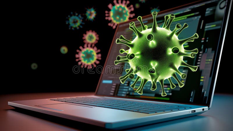 Glühende Viruspartikel über einem Laptop vektor abbildung