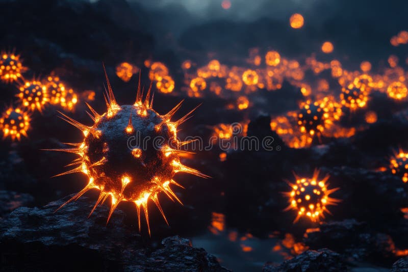 Glühende Viruszellen Dunkler vulkanischer Felsuntergrund Digitaler Art 3d Hot-fire Lavaffiere machen stock abbildung