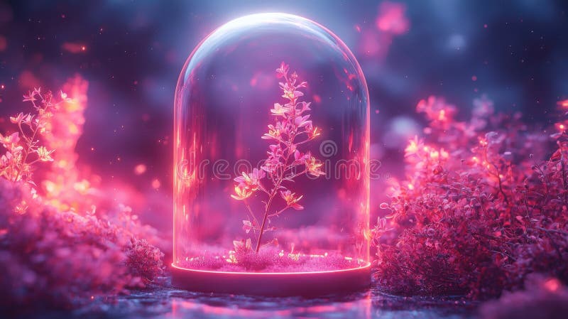 Glühender futuristischer Garten unter Glaskuppel mit blühenden Blumen und sanftem rosa Licht schafft magische Atmosphäre stockbild