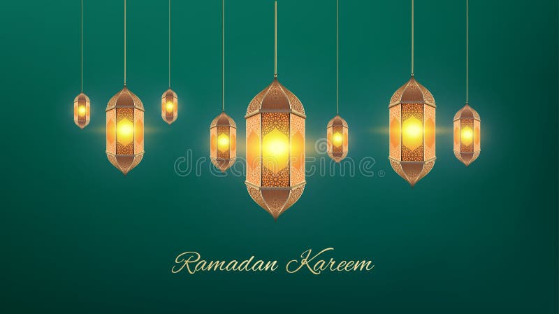 Glühender goldener Ramadan Laternenvektor auf grünem Hintergrund mit Ramadan Kareem Text elegante islamische Dekoration. festlich lizenzfreie abbildung