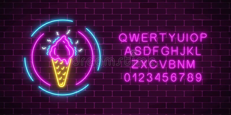 Glühendes Neoneistüteschild in den Kreisrahmen und -alphabet Fruchteiscreme im Waffelkegel vektor abbildung Glühendes Neoneistüteschild in den Kreisrahmen und -alphabet Fruchteiscreme im Waffelkegel vektor abbildung
