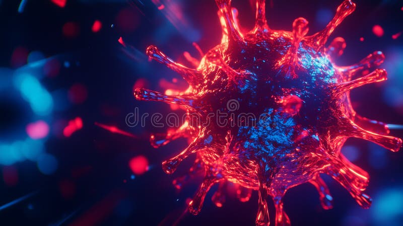 Glühendes Neonvirus, das den Ausbruch einer Pandemie und die Herausforderungen im Gesundheitswesen in Virologie und Biologie darst vektor abbildung