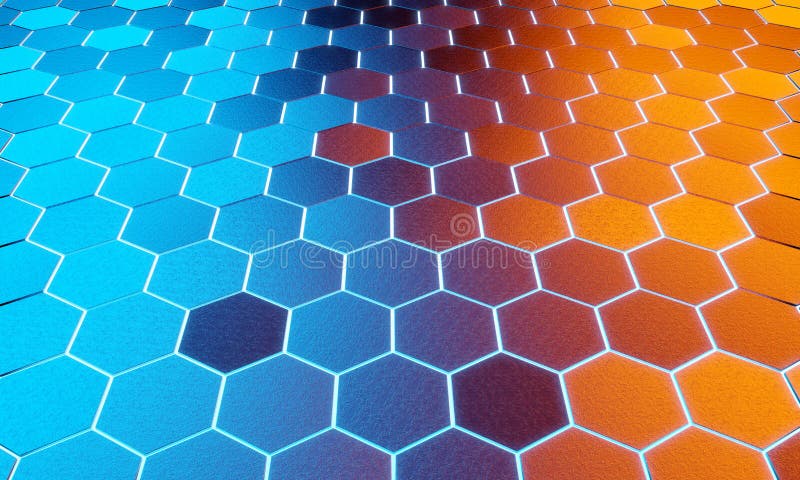 Glühendes Schwarzes Blaues und Orange Hexagonhintergrundmuster auf silberner Reproduktion der Metalloberfläche 3D. stock abbildung