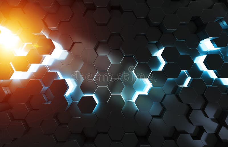 Glühendes schwarzes blaues und orange Hexagonhintergrundmuster auf Wiedergabe der Metalloberfläche 3D stock abbildung
