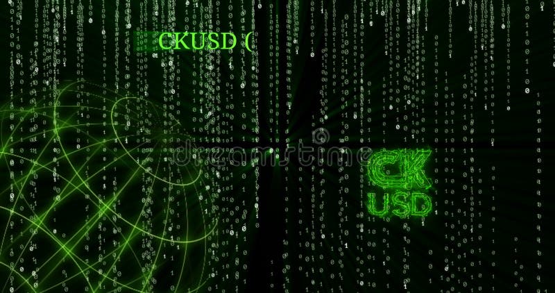 Glühendes Symbol CK USD CKUSD gegen die fallenden binär Code-Symbole
