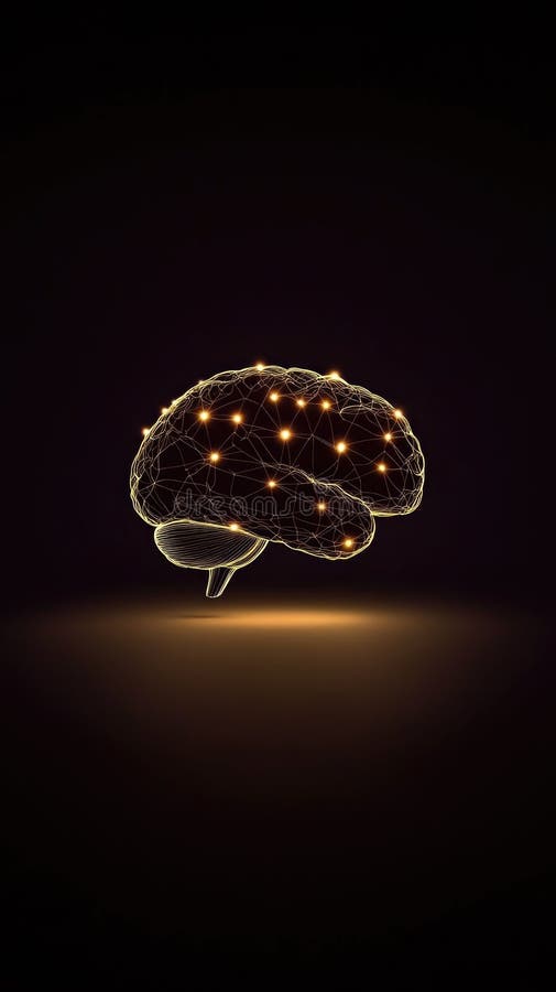 Glühendes Wireframe-Gehirn mit neuronalen Verbindungen im dunklen Hintergrund stock abbildung