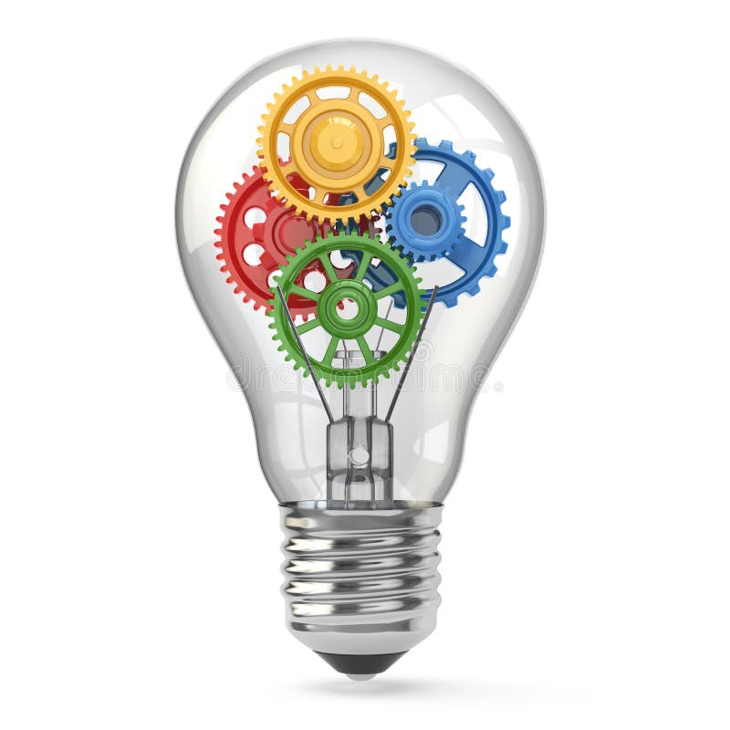 Glühlampe und Gänge. Perpetuum mobile-Ideenkonzept. vektor abbildung Glühlampe und Gänge. Perpetuum mobile-Ideenkonzept. vektor abbildung