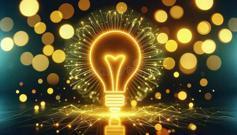 Glühlichtkonzept mit gutem Hintergrund für Innovation und Ideen, generiert durch. Diese digitale Illustration zeichnet sich durch eine lebendige Glühbirne aus, die Innovationskreativität und Inspiration vor einem glitzernden Hintergrund mit Netzverbindungen symbolisiert, die sich ideal für Konzepte der Brainstorming-Technologie und Energie eignen.