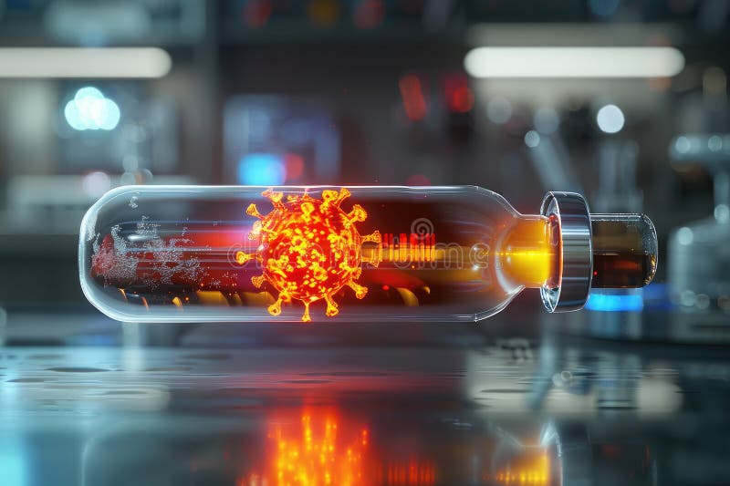 Glühvirus versiegelt in einer Durchstechflasche verschwommenes Labor im Hintergrund lizenzfreie abbildung