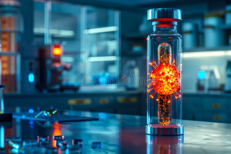 Glühvirus versiegelt in einer Durchstechflasche verschwommenes Labor im Hintergrund. Biologie und virale Genetik stock abbildung
