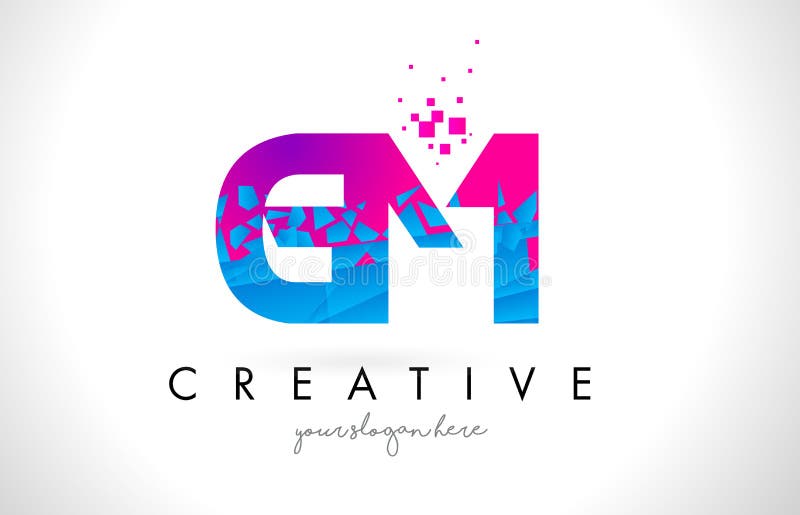 GM G M Letter Logo with Shattered Broken Blue Pink Texture Design
