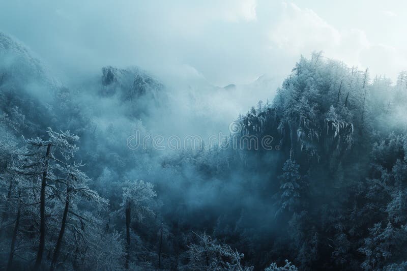 Gnarled tree draped in snow amidst rugged frosty terrain overcast sky casts soft diffused light enhancing tranquil winter foto de stock