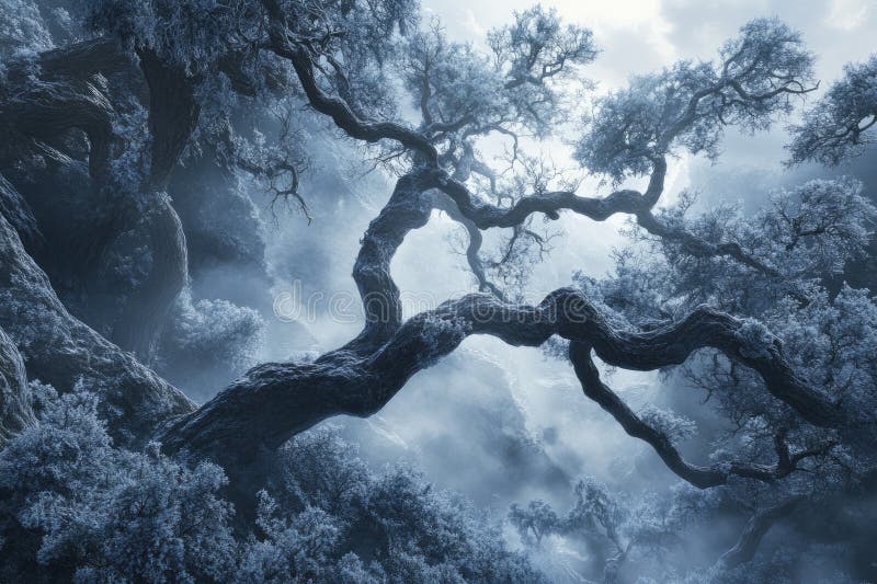 Gnarled tree draped in snow amidst rugged frosty terrain overcast sky casts soft diffused light enhancing tranquil winter fotos de stock