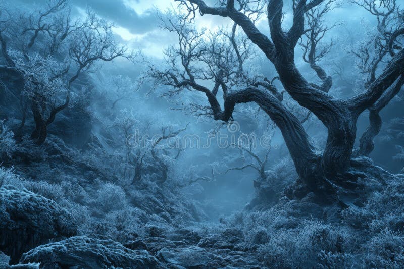 Gnarled tree draped in snow amidst rugged frosty terrain overcast sky casts soft diffused light enhancing tranquil winter foto de stock royalty free