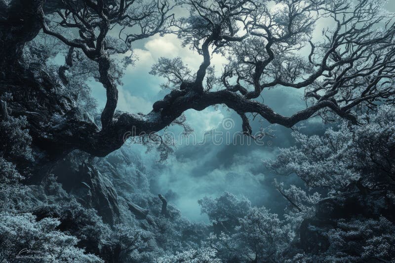Gnarled tree draped in snow amidst rugged frosty terrain overcast sky casts soft diffused light enhancing tranquil winter imagens de stock royalty free