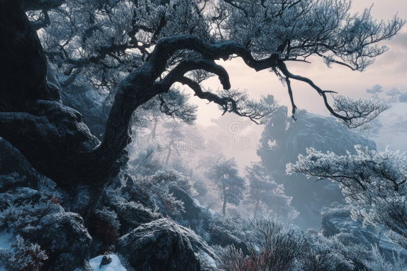 Gnarled tree draped in snow amidst rugged frosty terrain overcast sky casts soft diffused light enhancing tranquil winter imagens de stock