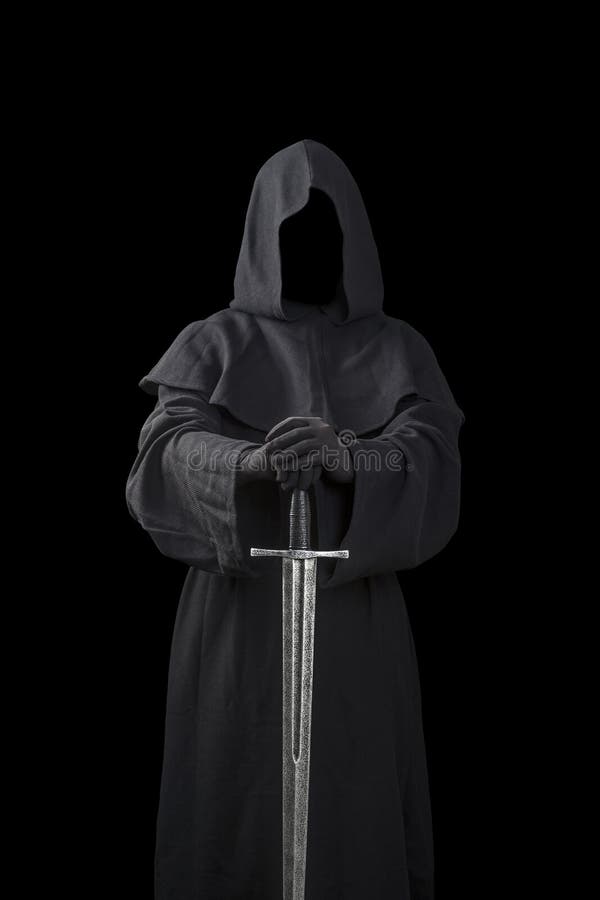 Ghostly figure with medieval sword isolated on black. Ghostly figure with medieval sword isolated on black