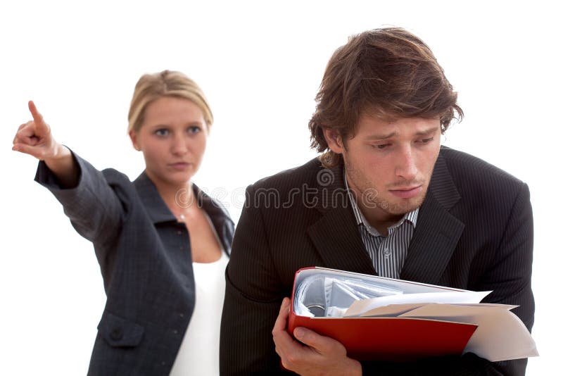 Angry boss and poor worker with heap of papers. Angry boss and poor worker with heap of papers