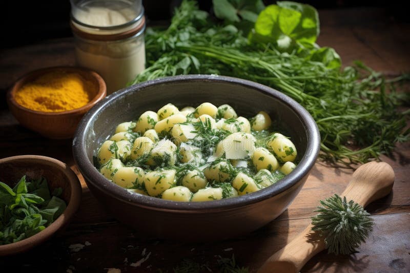 Gnocchi mit frischen Kräutern und Butter in einer Servierschüssel lizenzfreie abbildung