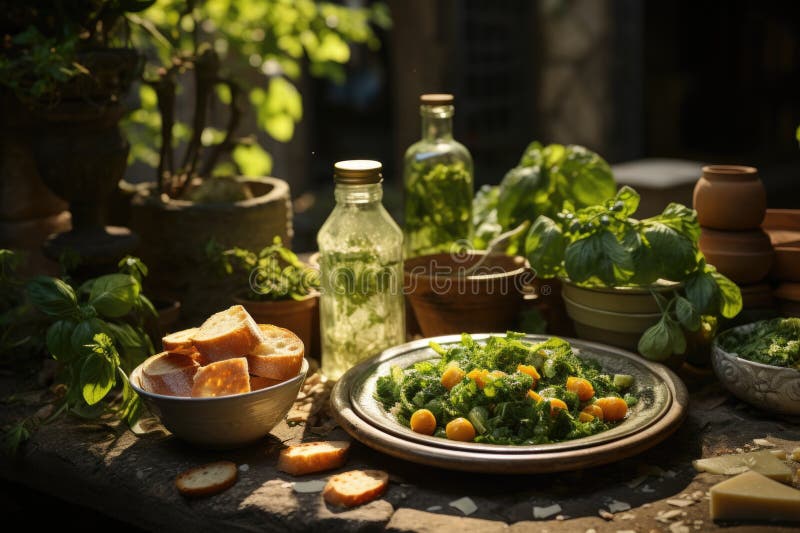 Gnocchi in salsa pesto in un giardino segreto a milano con fonti e statue generative ia