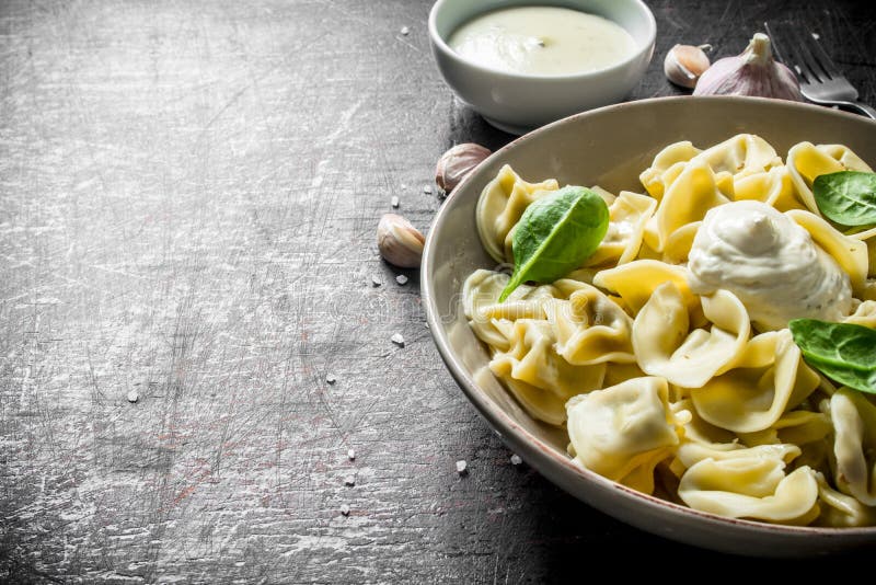 Gnocchi su un piatto con panna acida e spinaci immagine stock libera da diritti