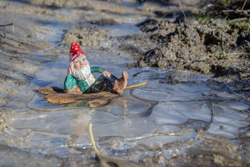 Gnome lying on a leaf found on a sheet of ice in a puddle in Alpujarra