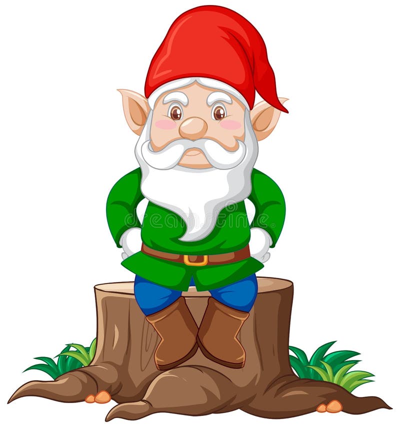 Gnome Sitting on Stump Cartoon Character on White Background Stock ...