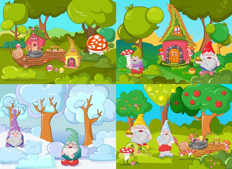 Gnomgartenfahnen-Konzeptsatz, Karikaturart stock abbildung Gnomgartenfahnen-Konzeptsatz, Karikaturart stock abbildung