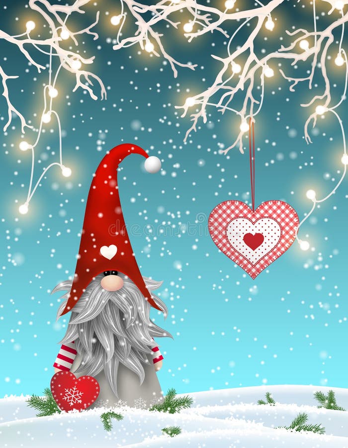 Gnomo de la Navidad escandinava ramas derechas, del uder tradicionales de Tomte adornadas con las luces eléctricas y rojo de la e
