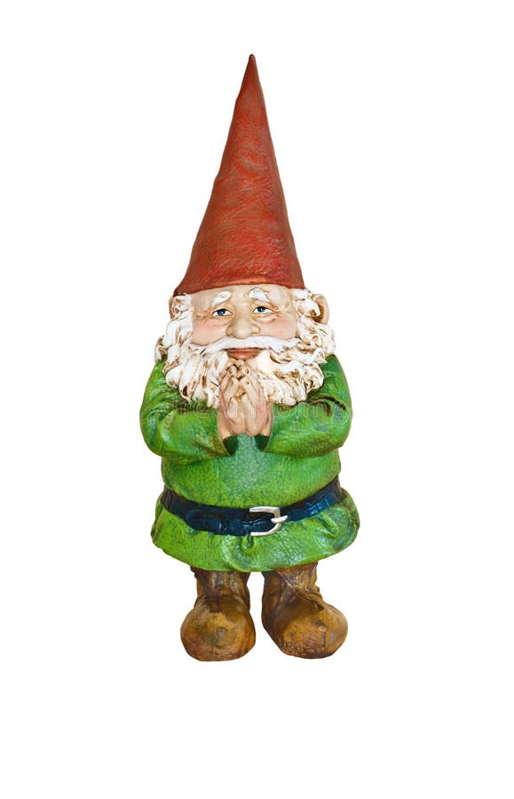 Gnomo no terno verde e no chapéu aguçado vermelho com mãos junto fotografia de stock Gnomo no terno verde e no chapéu aguçado vermelho com mãos junto fotografia de stock