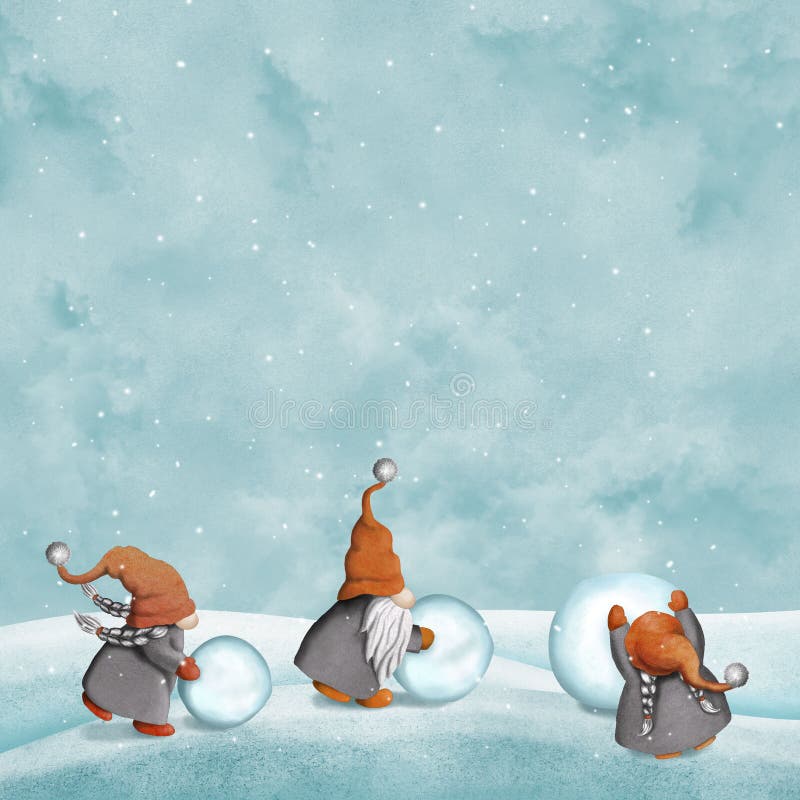 Gnomos de tomate escandinavos tradicionales jugando snowman. ilustración de la acuarela del folklore del invierno elfos del norte libre illustration