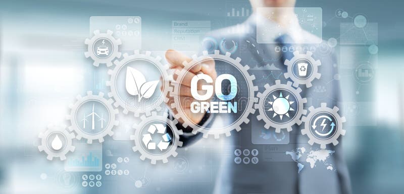 GO green eco technology ecology earth planet saving alternative energy. Button on virtual screen.