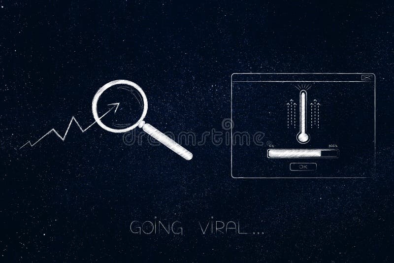 go viral stats going up with magnifying glass on it next to pop-up with thermometer and progress bar loadng royalty free illustration go viral stats going up with magnifying glass on it next to pop-up with thermometer and progress bar loadng royalty free illustration