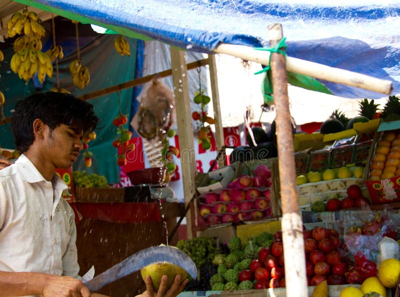 Goa, Inde - 16 décembre 2016 : Un vendeur de fruit de bord de la route prépare une noix de coco verte pour la consommation images libres de droits Goa, Inde - 16 décembre 2016 : Un vendeur de fruit de bord de la route prépare une noix de coco verte pour la consommation images libres de droits