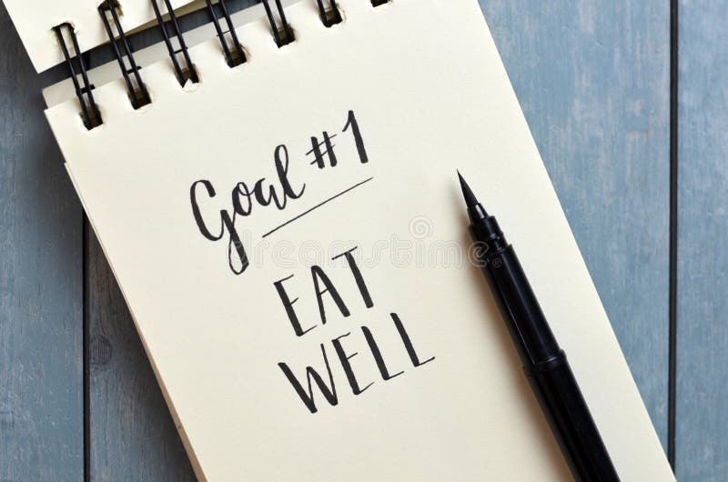 Goal No. 1 EAT WELL hand-lettered in notepad