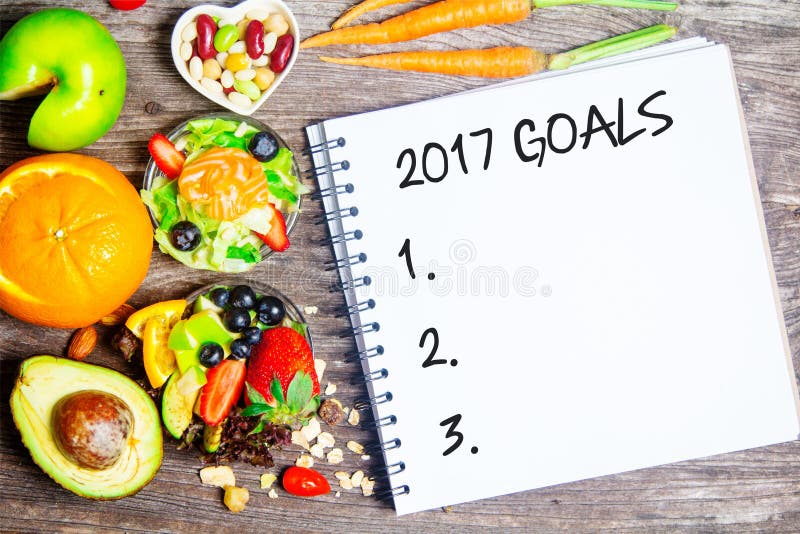2017 Goals List with Notebook Fruits and Vegetables Stock Photo Image
