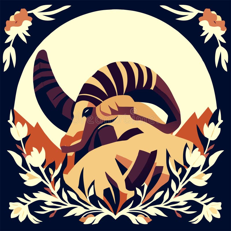 Goat Head in a Circle of Flowers. Vector Illustration in Retro Style ...