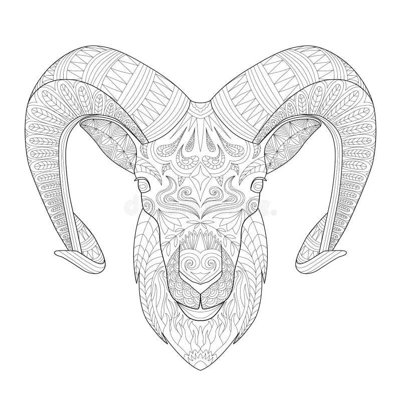 Goat Head with Horns Line Art Stock Vector - Illustration of power ...