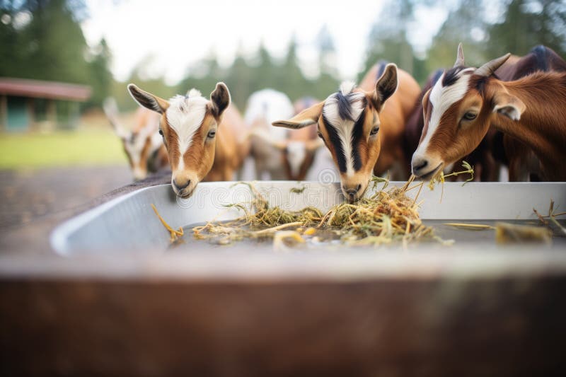 Goats and Horses Feeding from a Shared Trough Stock Photo Image of life, scene 301609668