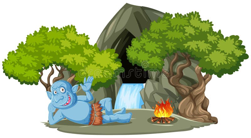 Goblin Or Troll Lying Infront Of Stone Cave With Tree ...