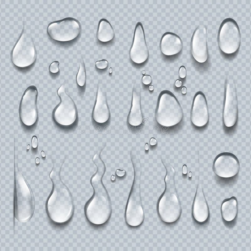 Gocce di acqua realistiche goccioline trasparenti di condensazione 3D, raccolta della bolla su chiara superficie Vettore delle go