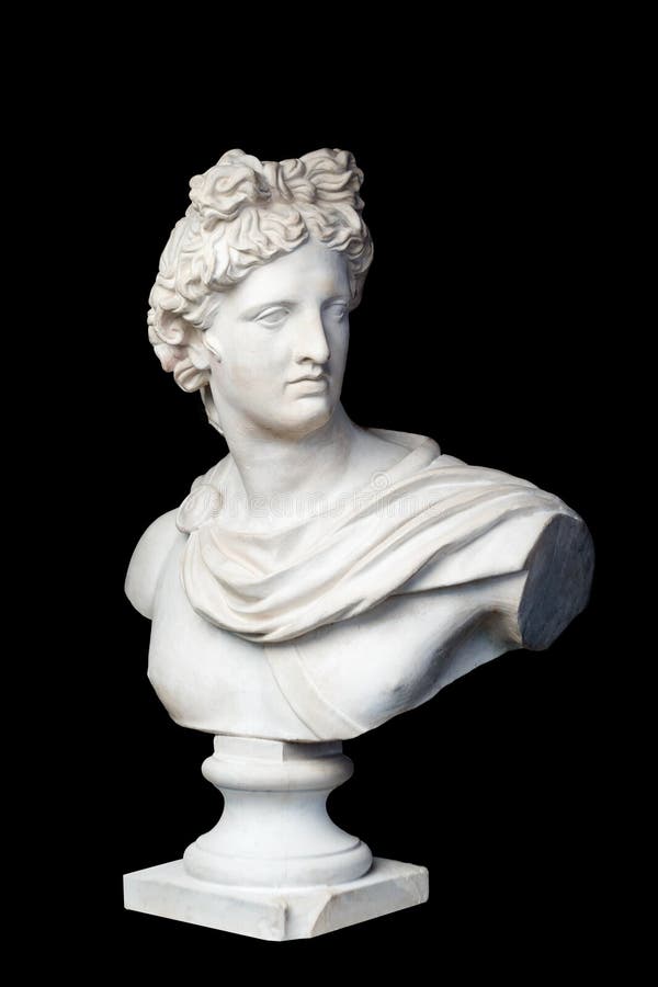 God Apollo bust sculpture. Ancient Greek god of Sun and Poetry Plaster copy of a marble statue isolated on black.