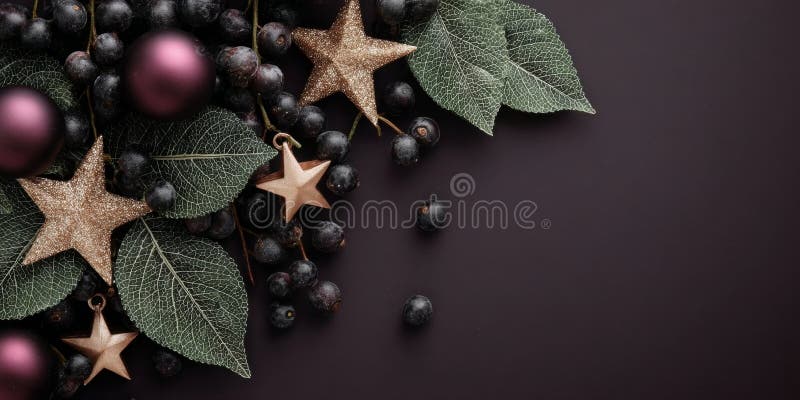 God Jul - Life-arrangemanget Golden Stars och Amethyst Ornaments against a Dark Background stock illustrationer
