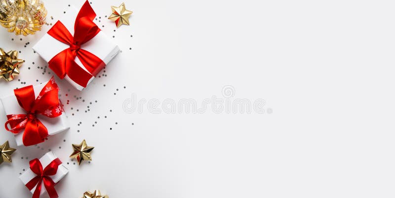 God jul och gott julhälsningskort, bildruta, banderoll Nytt år Noel Julgåvor och röda, gulddekor på vitt