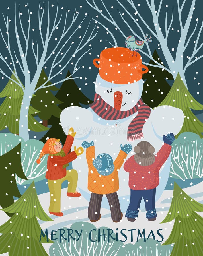 God jul och gott nytt år Vector vinterillustration av ett sött hälsningskort Frihandsritning av ett kul barn som gör en stock illustrationer God jul och gott nytt år Vector vinterillustration av ett sött hälsningskort Frihandsritning av ett kul barn som gör en stock illustrationer