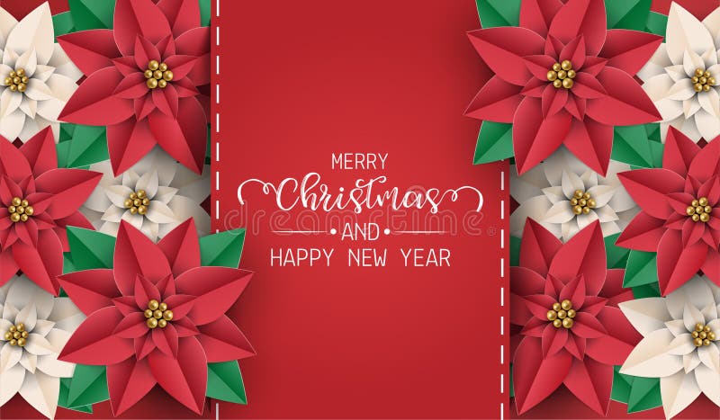 Merry Christmas and happy new year greeting card, postcard, poster with red and white poinsettia flowers on red background. Merry Christmas and happy new year greeting card, postcard, poster with red and white poinsettia flowers on red background