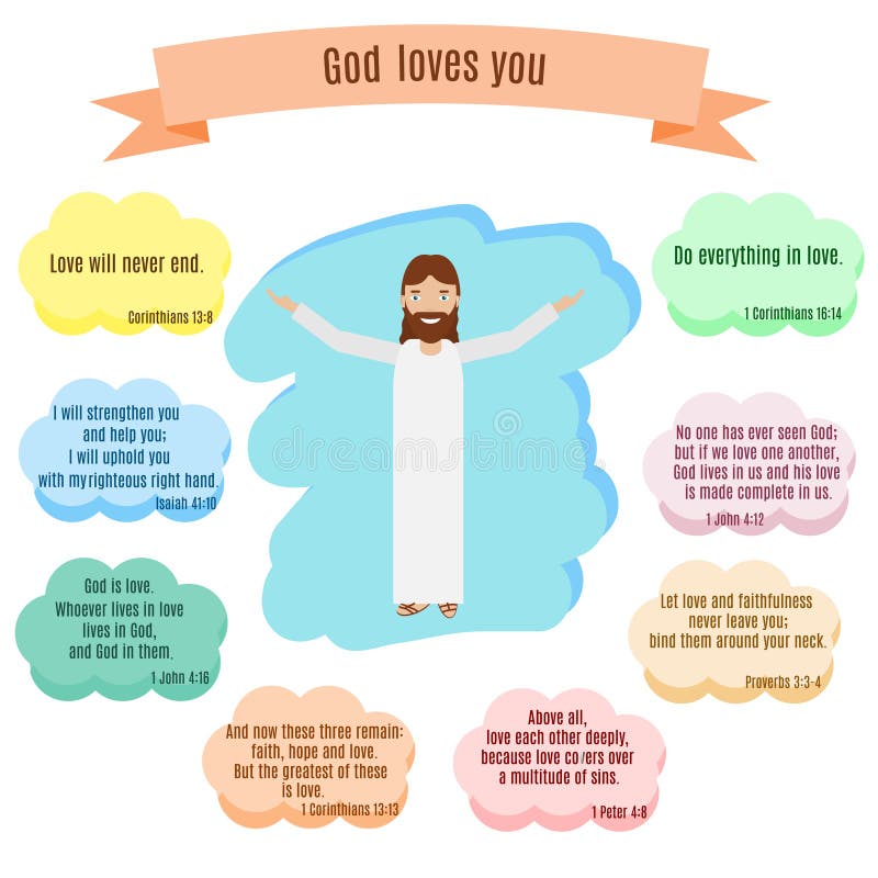 God Loves You Vector Illustration. Smiling Jesus And Bible 