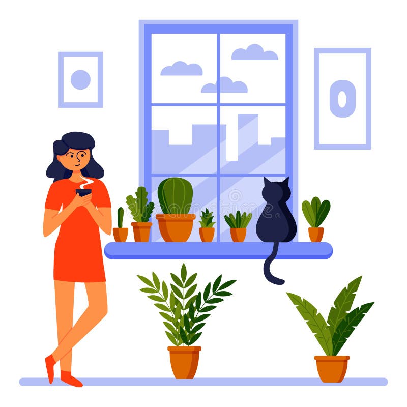 God morgon. flicka i fönstret med en katt. morgonkaffe. hemhjälp. stock illustrationer