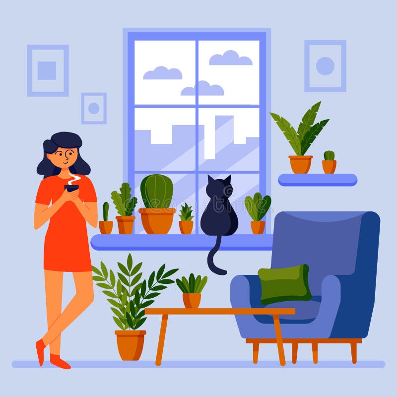 God morgon. flicka i fönstret med en katt. morgonkaffe. hemhjälp. stock illustrationer