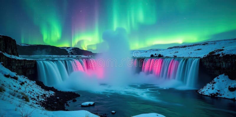 Godafoss Wasserfall ist ein eisker Spray, beleuchtet durch pulsierendes Polarlicht und violett dunkel vektor abbildung